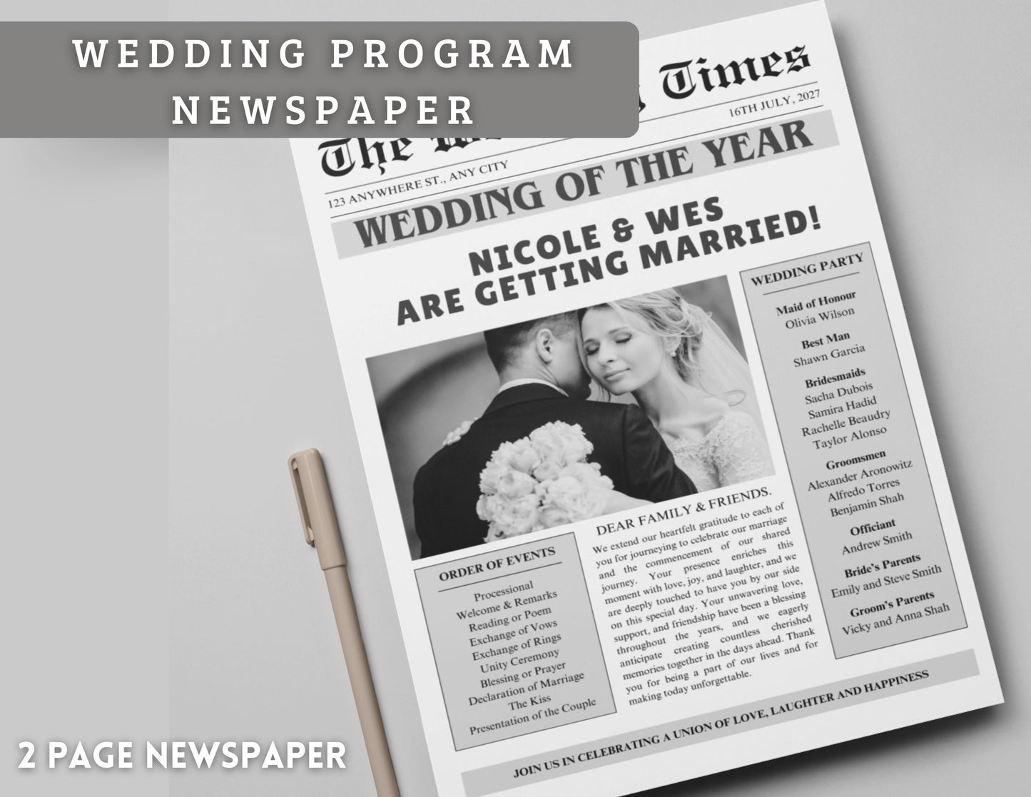 Wedding Program Template, Wedding Newspaper, Editable Wedding Newspaper Program, Wedding Infographic, biFold Wedding Day Timeline