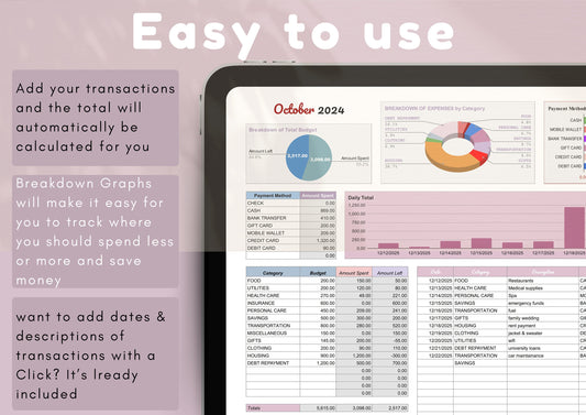 Expense Tracker Spreadsheet for Google Sheets, Expense Tracker Template, Budget Spreadsheet, Personal Finance Planner, Spending Tracker