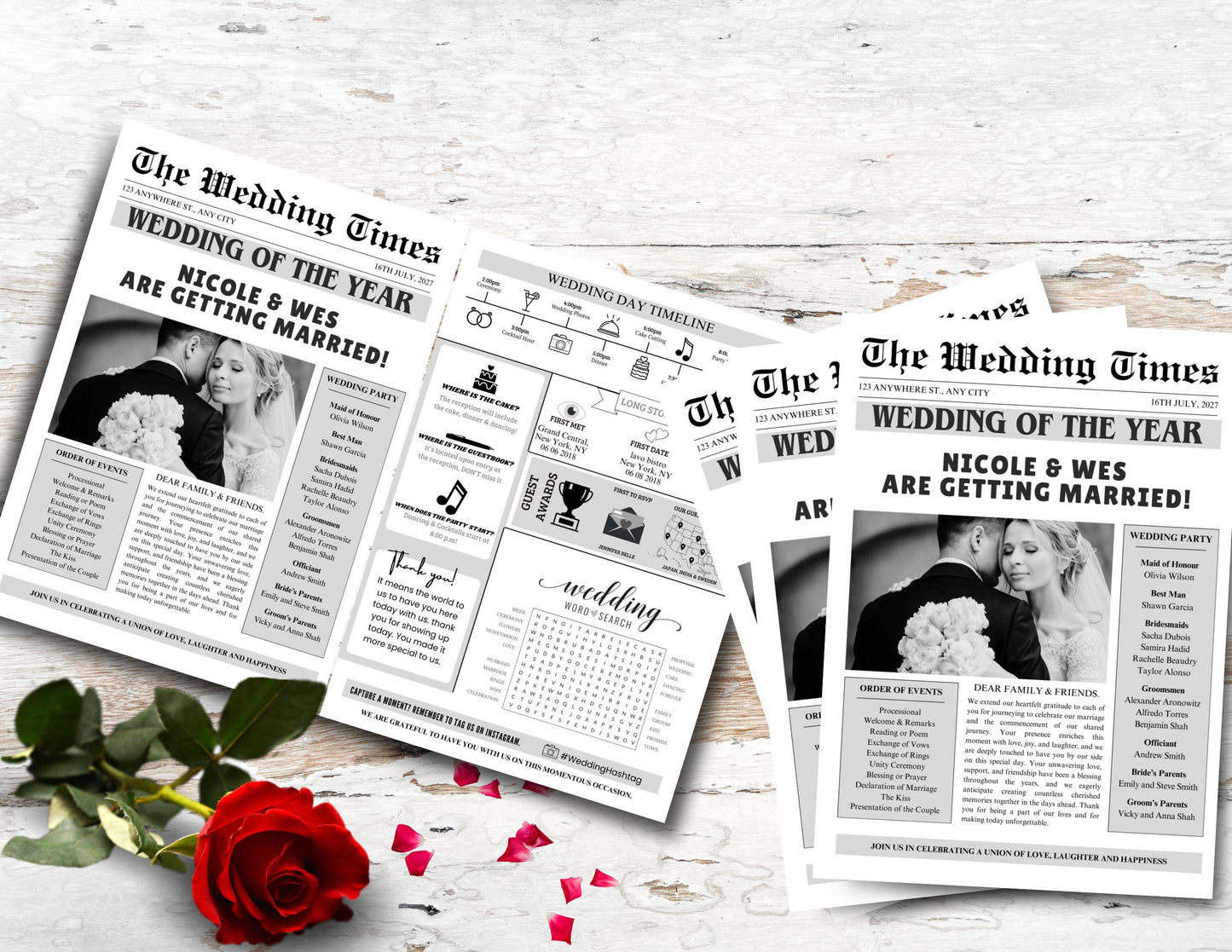 Wedding Program Template, Wedding Newspaper, Editable Wedding Newspaper Program, Wedding Infographic, biFold Wedding Day Timeline