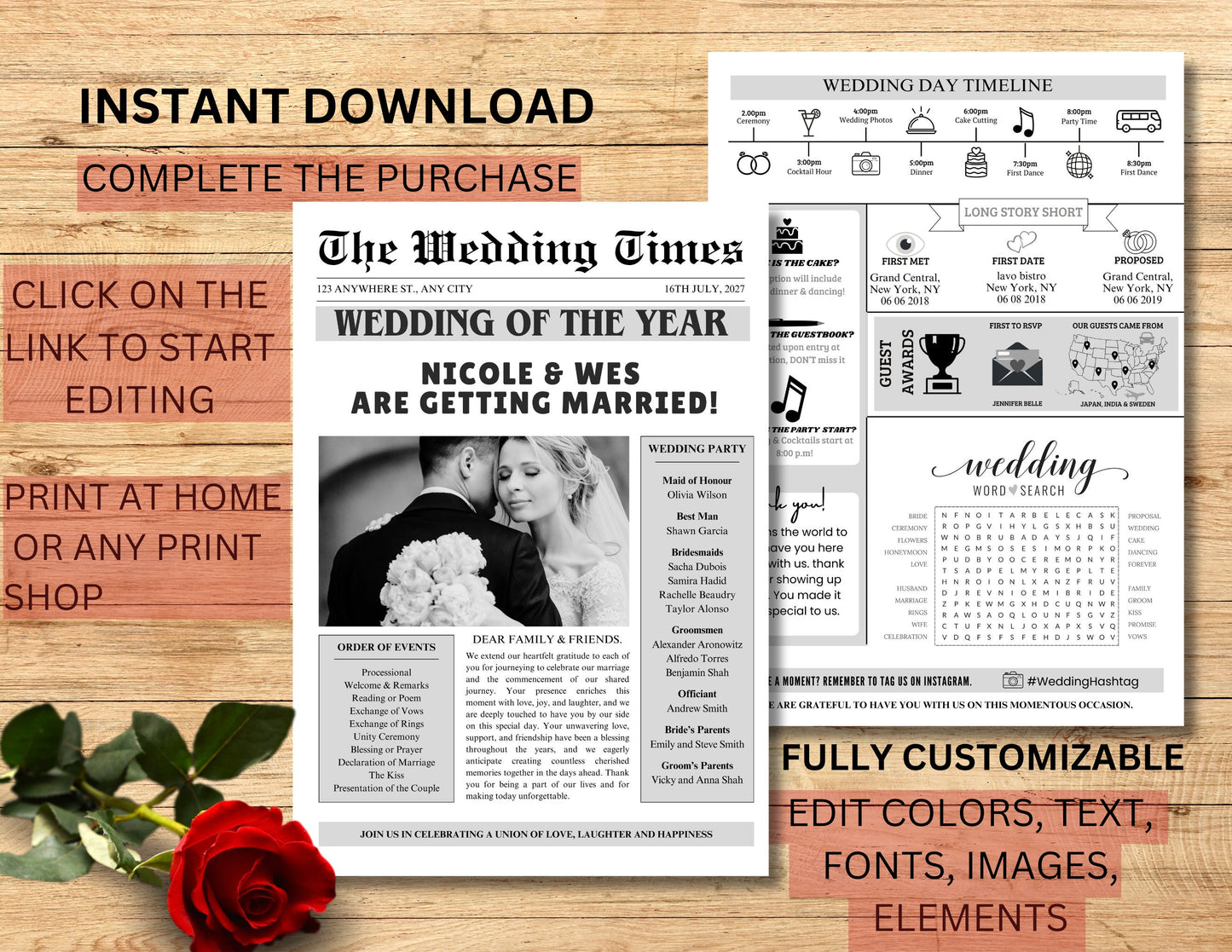 Wedding Program Template, Wedding Newspaper, Editable Wedding Newspaper Program, Wedding Infographic, biFold Wedding Day Timeline