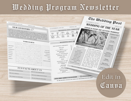 Newspaper Wedding Program Template, Editable Wedding Newspaper Program, Printable Wedding Infographic, BiFolded Wedding Day Program