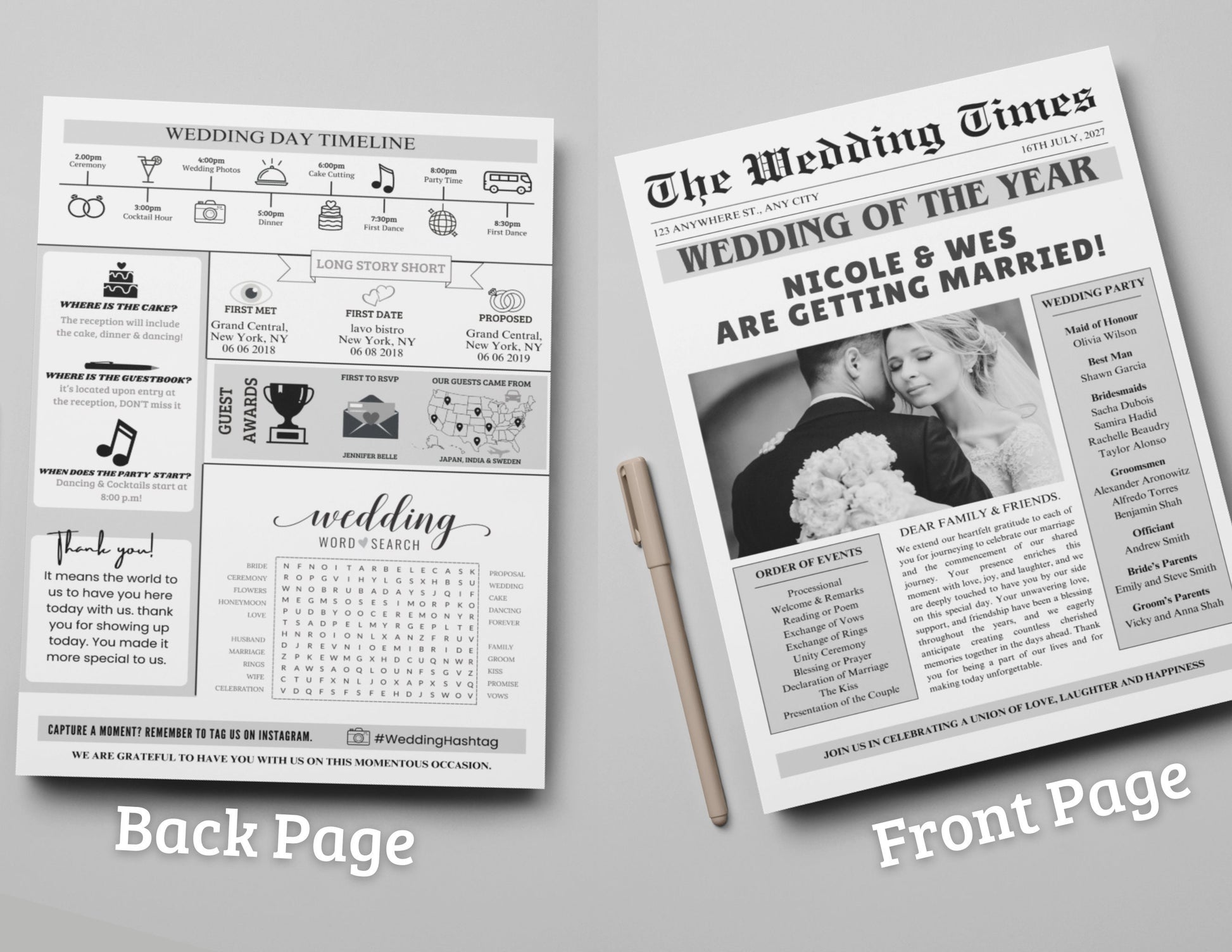 Wedding Program Template, Wedding Newspaper, Editable Wedding Newspaper Program, Wedding Infographic, biFold Wedding Day Timeline