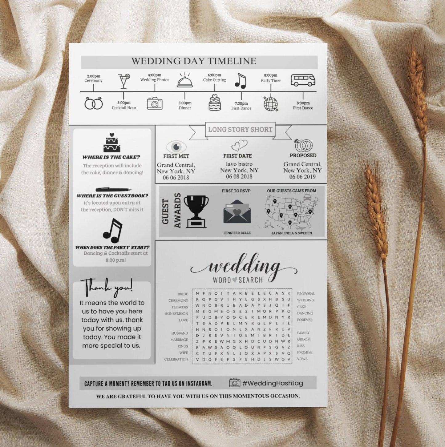Wedding Program Template, Wedding Newspaper, Editable Wedding Newspaper Program, Wedding Infographic, biFold Wedding Day Timeline