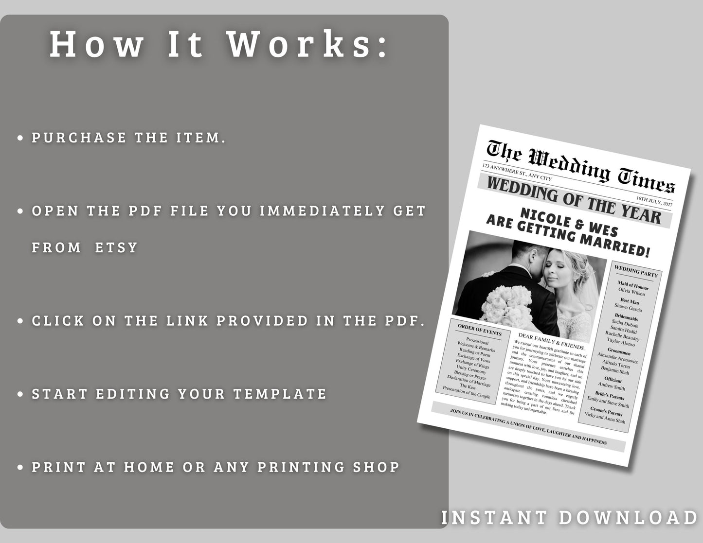 Wedding Program Template, Wedding Newspaper, Editable Wedding Newspaper Program, Wedding Infographic, biFold Wedding Day Timeline