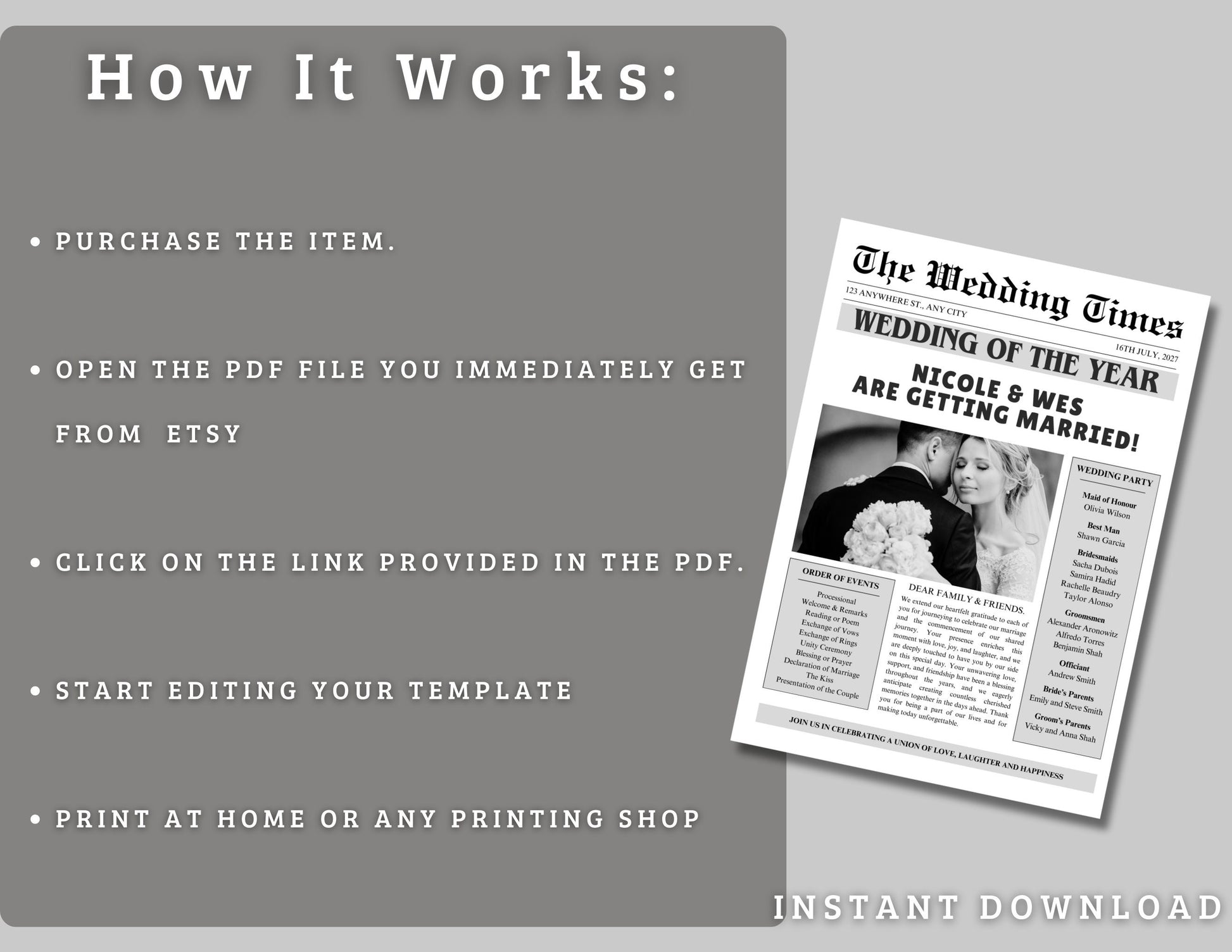 Wedding Program Template, Wedding Newspaper, Editable Wedding Newspaper Program, Wedding Infographic, biFold Wedding Day Timeline