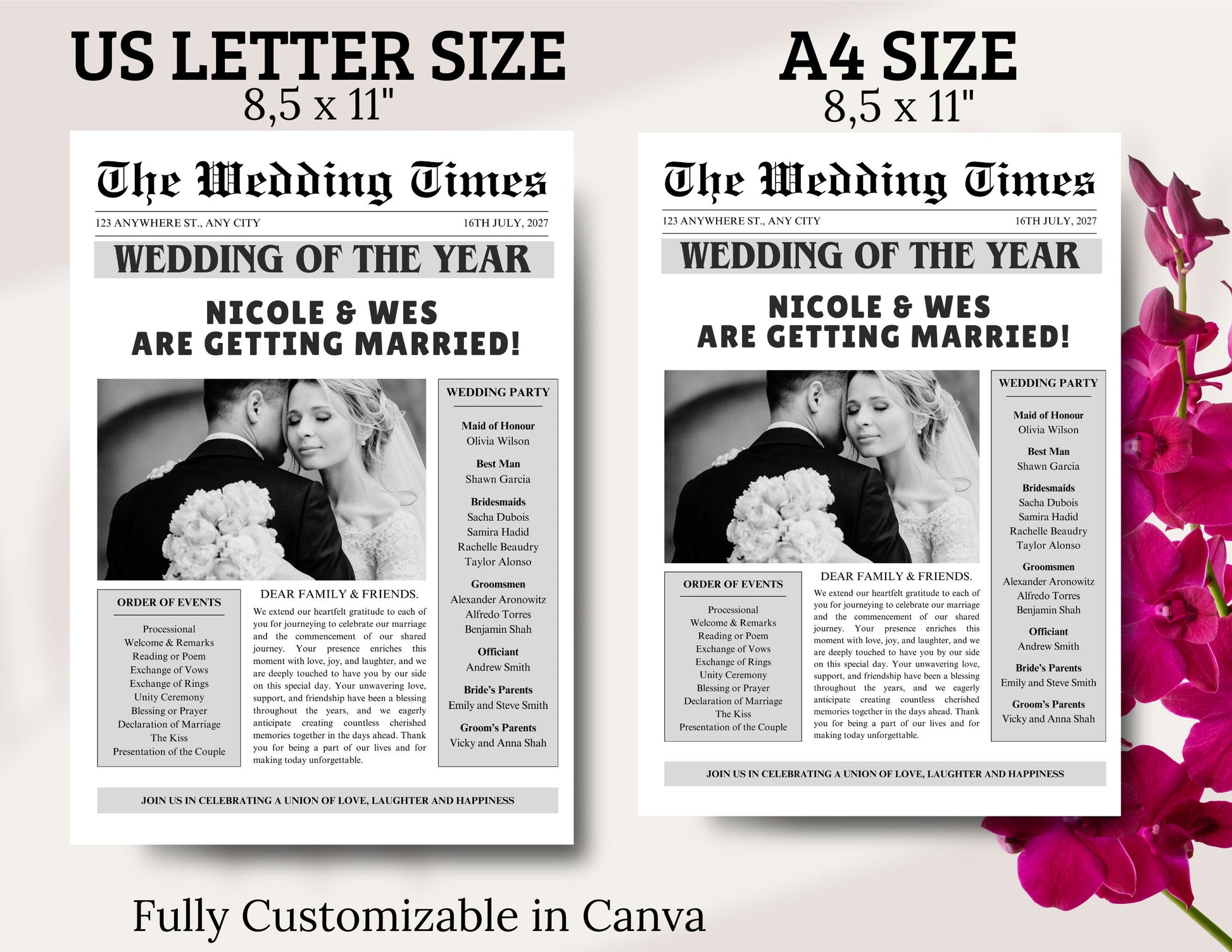 Wedding Program Template, Wedding Newspaper, Editable Wedding Newspaper Program, Wedding Infographic, biFold Wedding Day Timeline