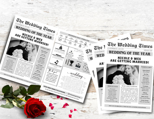 Wedding Program Template, Wedding Newspaper, Editable Wedding Newspaper Program, Wedding Infographic, biFold Wedding Day Timeline