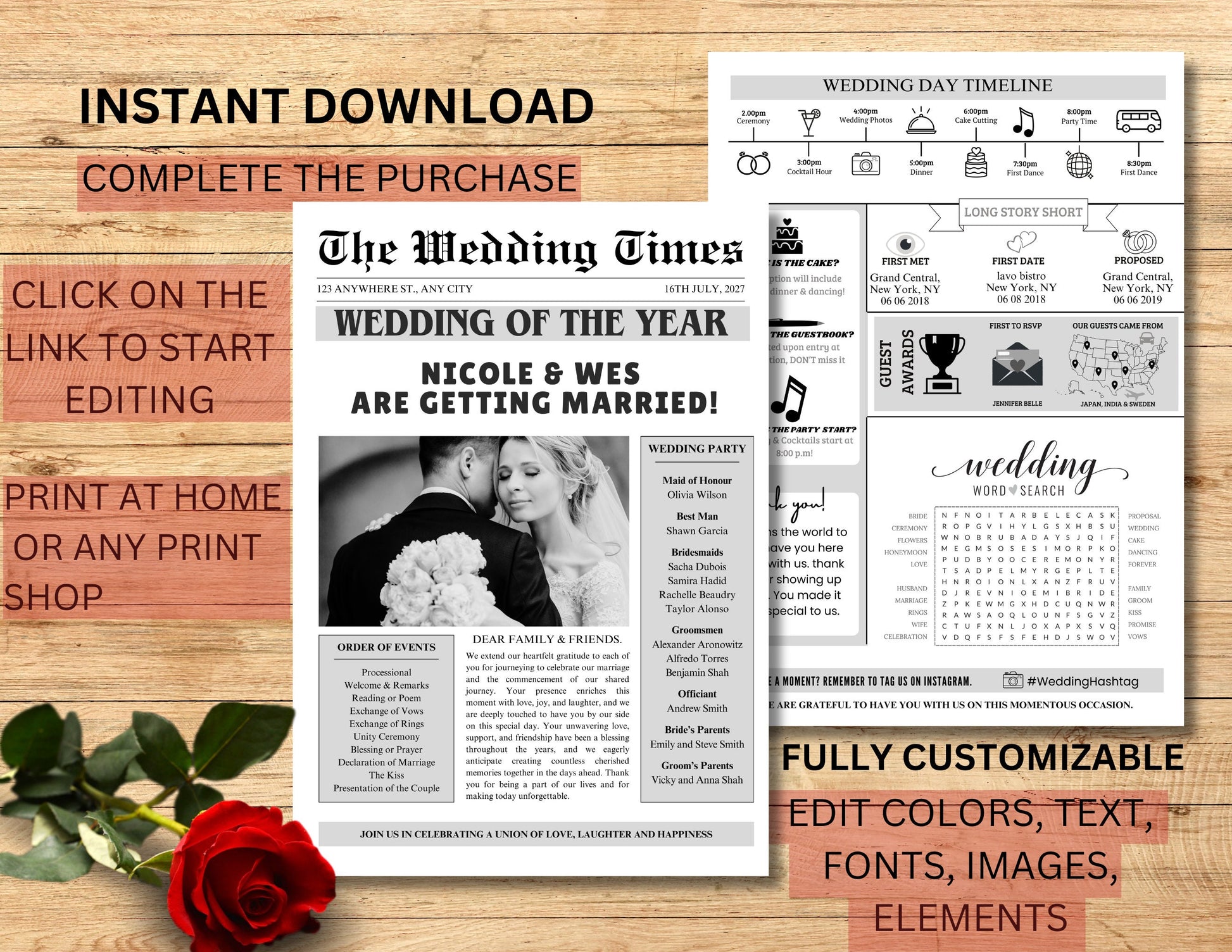Wedding Program Template, Wedding Newspaper, Editable Wedding Newspaper Program, Wedding Infographic, biFold Wedding Day Timeline