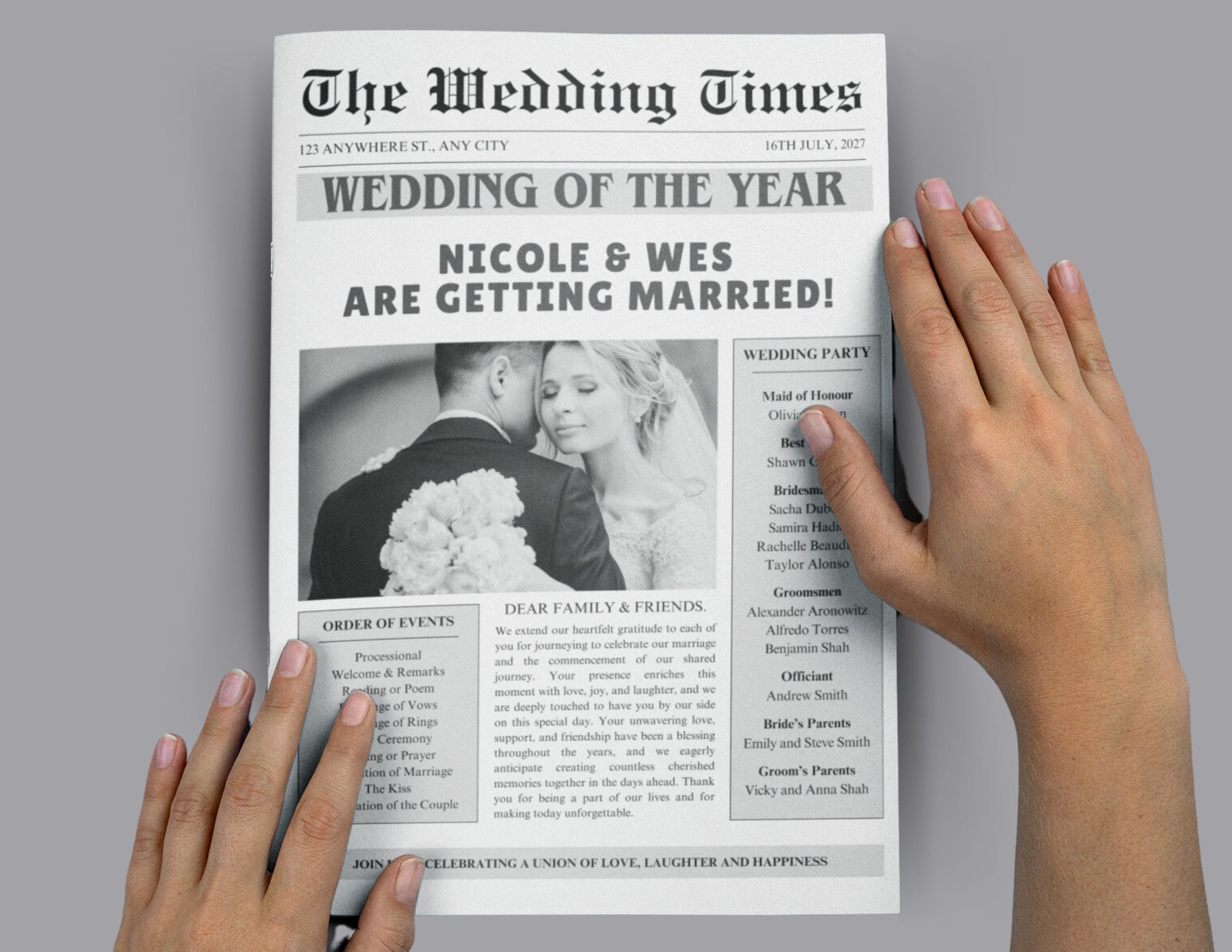 Wedding Program Template, Wedding Newspaper, Editable Wedding Newspaper Program, Wedding Infographic, biFold Wedding Day Timeline