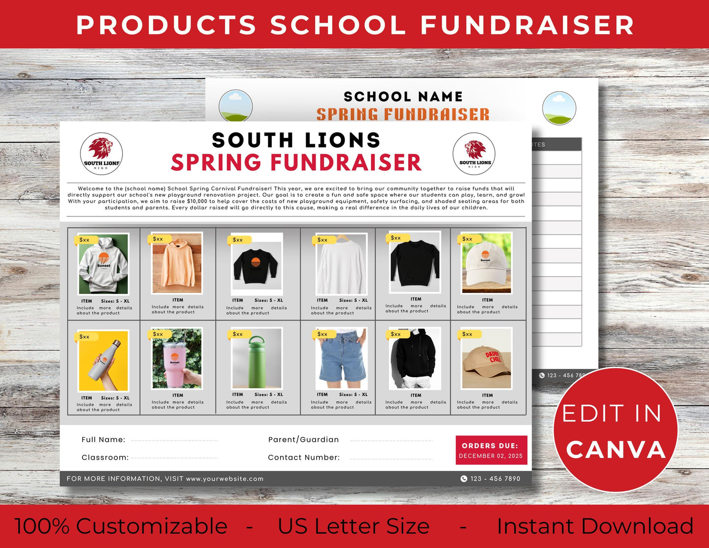 Fundraiser Order Form, 12 Products Fundraiser Editable Canva Template, Spirit Wear, School Flyer, PTA Flyer