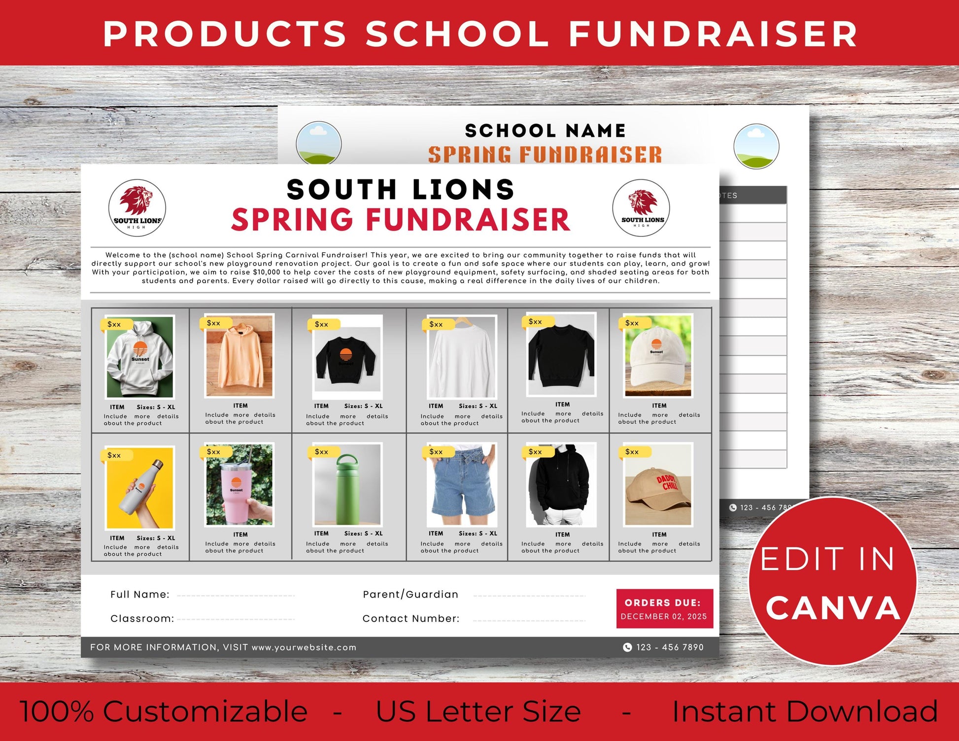 Fundraiser Order Form, 12 Products Fundraiser Editable Canva Template, Spirit Wear, School Flyer, PTA Flyer