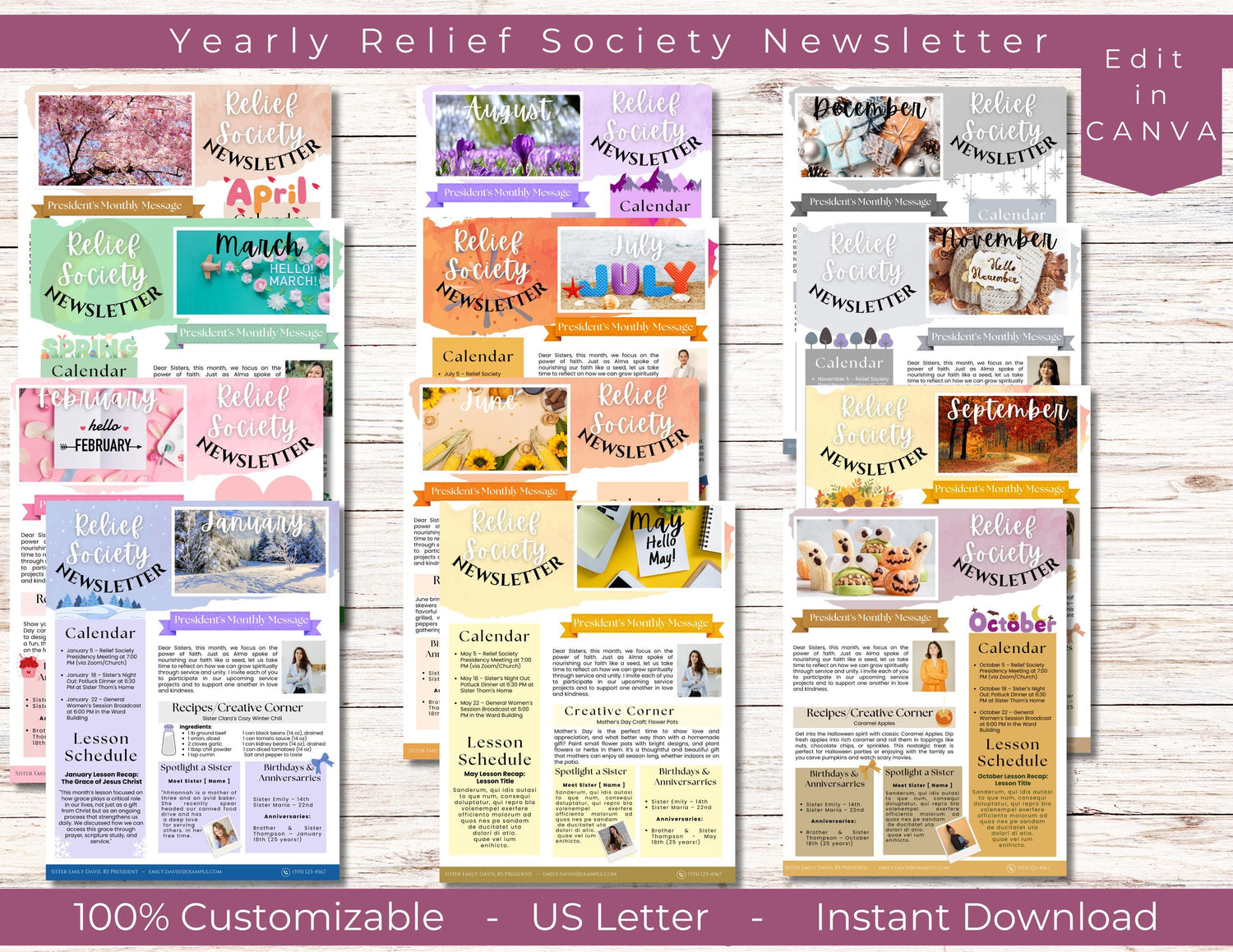 Relief Society Newsletter Template, Editable Relief Society Newsletter, Full Year Newsletter Template Canva, Monthly RS Newsletter Template