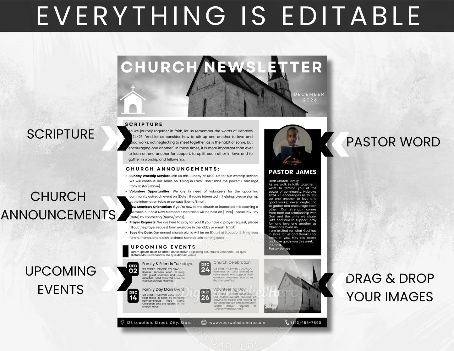 Church Newsletter, Church Bulletin, Church Magazine, Scripture, Upcoming Events, Pastor’s Message, Canva Newsletter Template, Church Flyer