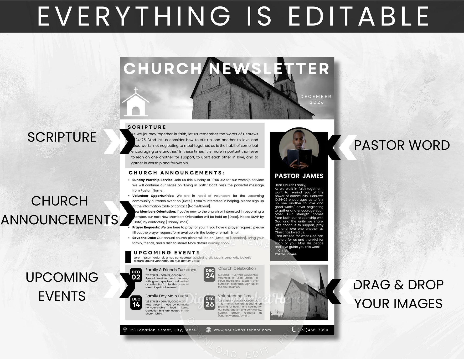 Church Newsletter, Church Bulletin, Church Magazine, Scripture, Upcoming Events, Pastor’s Message, Canva Newsletter Template, Church Flyer