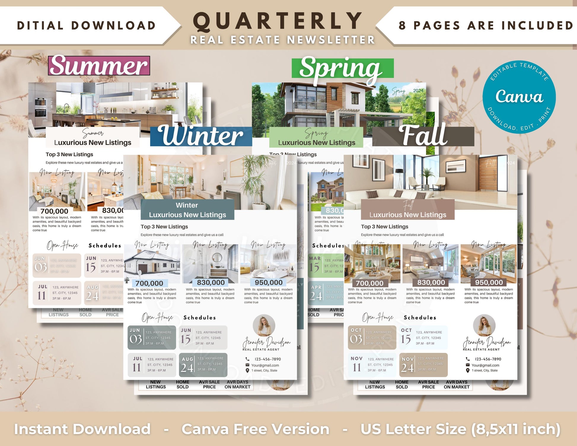 Editable Real Estate Newsletter Template, Quarterly Newsletter for Realtors, Real Estate Marketing, Real Estate Farming Newsletter