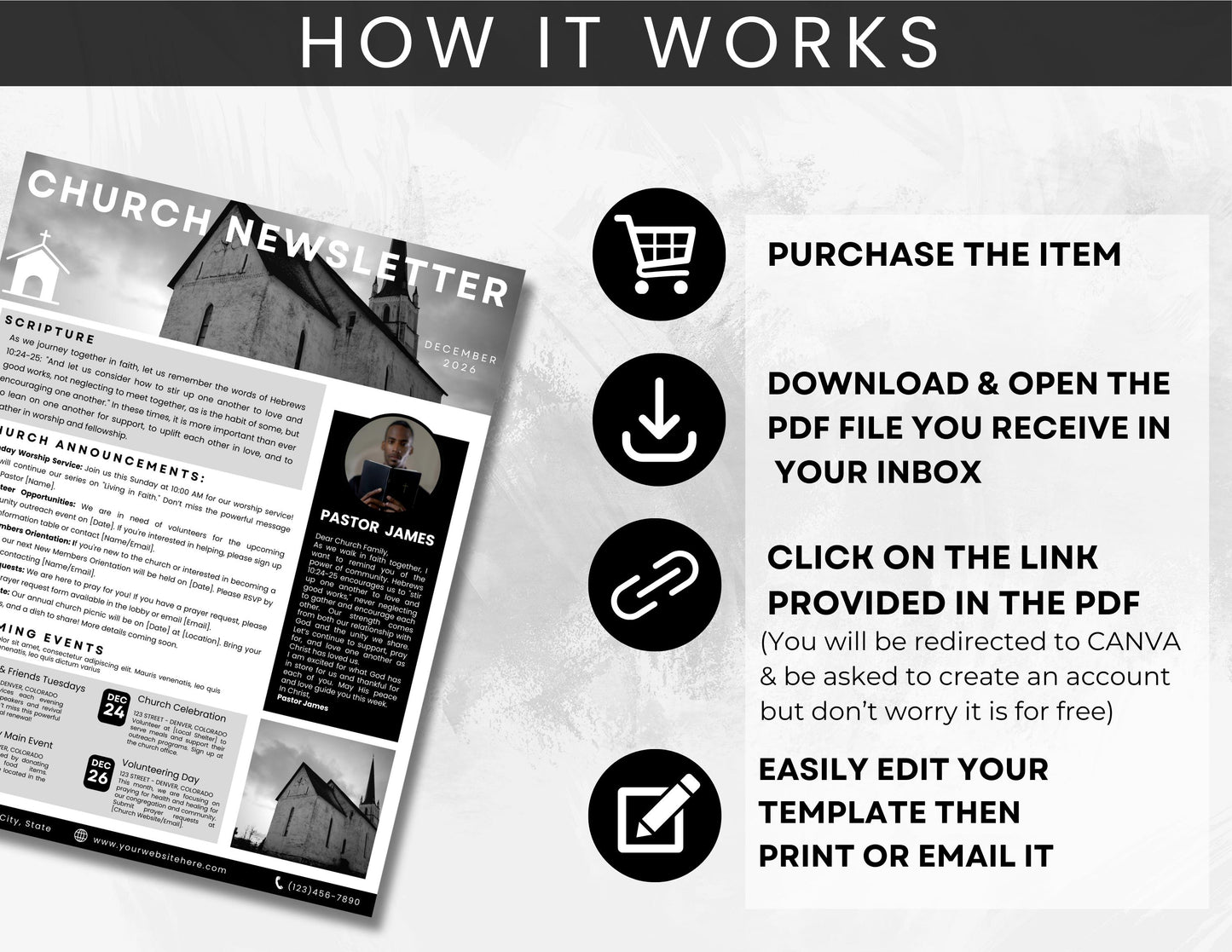 Church Newsletter, Church Bulletin, Church Magazine, Scripture, Upcoming Events, Pastor’s Message, Canva Newsletter Template, Church Flyer