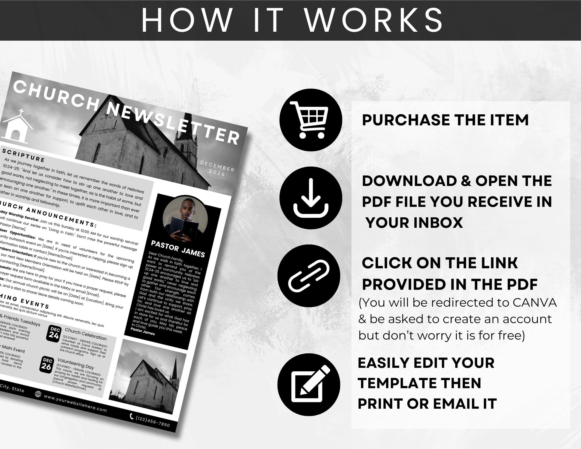 Church Newsletter, Church Bulletin, Church Magazine, Scripture, Upcoming Events, Pastor’s Message, Canva Newsletter Template, Church Flyer