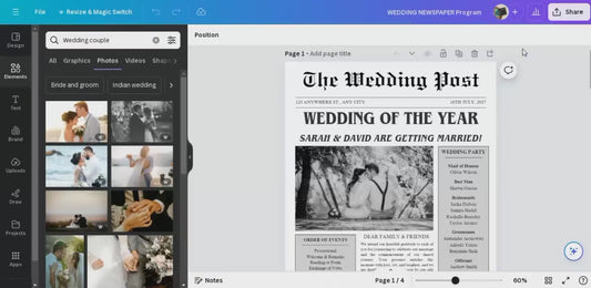 Newspaper Wedding Program Template, Editable Wedding Newspaper Program, Printable Wedding Infographic, BiFolded Wedding Day Program